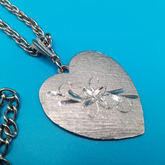 Vintage Heart Layered Long Necklace, Etched Pendant, Silver Tone, 25" - Picture 6 of 9